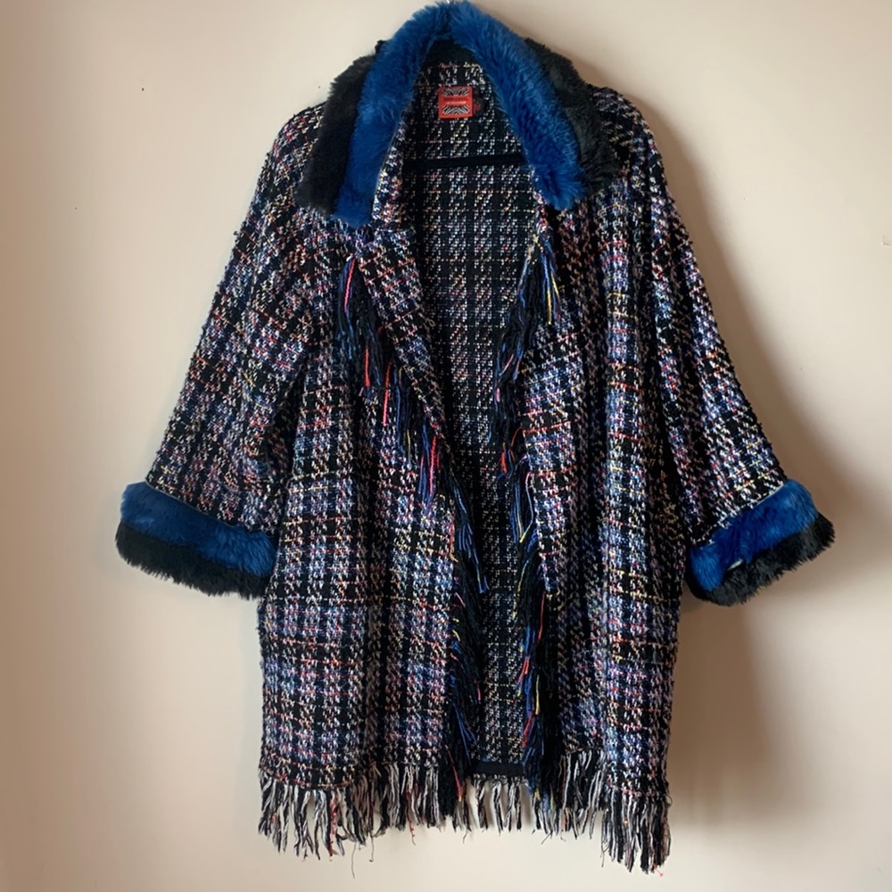 SIMON CHANG The Collection Faux Fur Fringe Tweed Open Jacket
